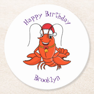 Cute happy lobster wearing Christmas hat cartoon Round Paper Coaster