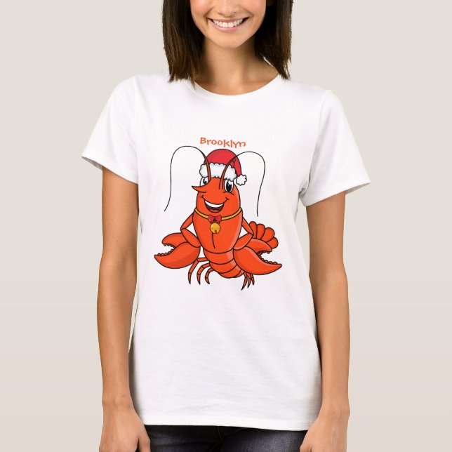 Cute happy lobster wearing Christmas hat cartoon  T-Shirt (Front)