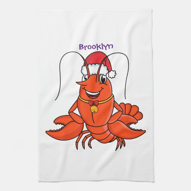 Cute happy lobster wearing Christmas hat cartoon Tea Towel (Vertical)