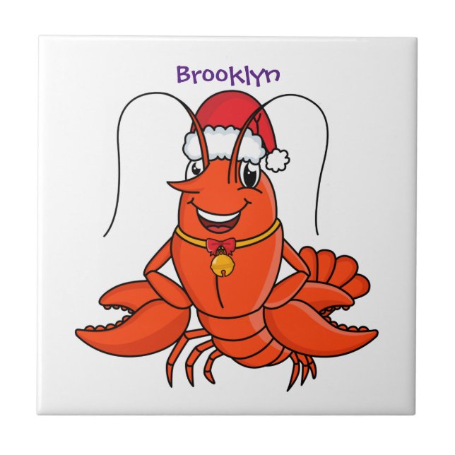 Cute happy lobster wearing Christmas hat cartoon Tile (Front)