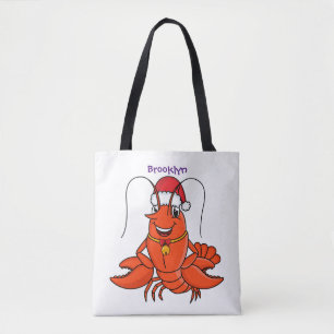 Cute happy lobster wearing Christmas hat cartoon Tote Bag