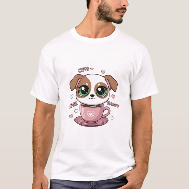 Cute Happy Love Puppy Dog Head in Pink Coffee Cup  T-Shirt (Front)