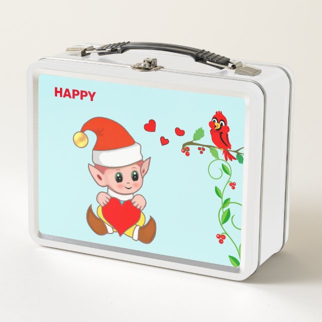 Cute Happy Magic Elf & Little Bird Metal Lunch Box (Front)