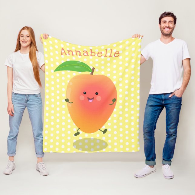 Cute happy mango yellow cartoon illustration fleece blanket (In Situ)