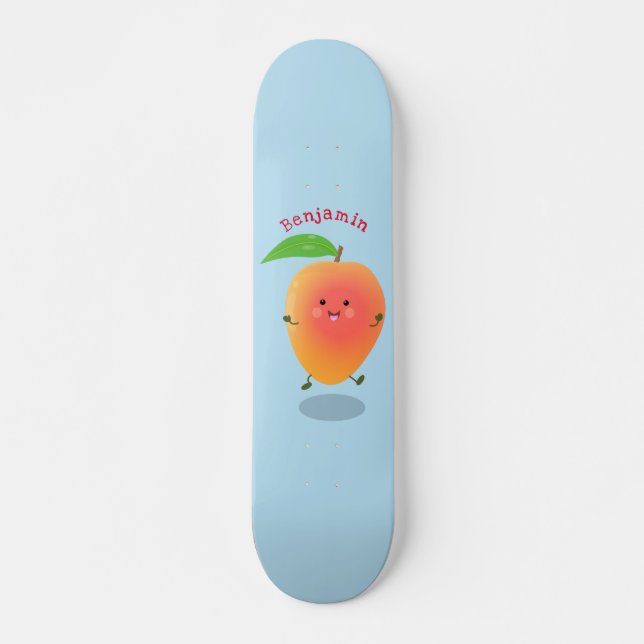 Cute happy mango yellow cartoon illustration skateboard (Front)
