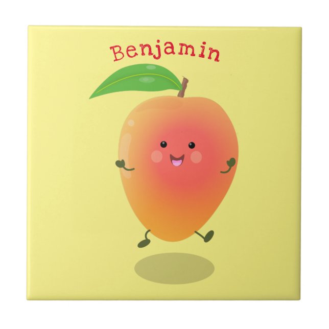 Cute happy mango yellow cartoon illustration tile (Front)