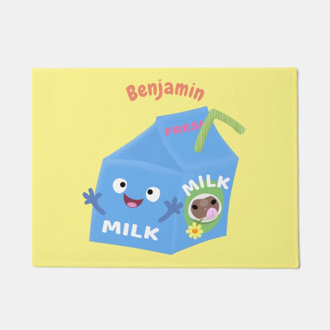 Cute happy milk carton character cartoon doormat (Front)