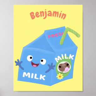 Cute happy milk carton character cartoon poster