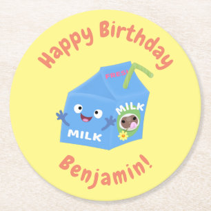 Cute happy milk carton character cartoon round paper coaster