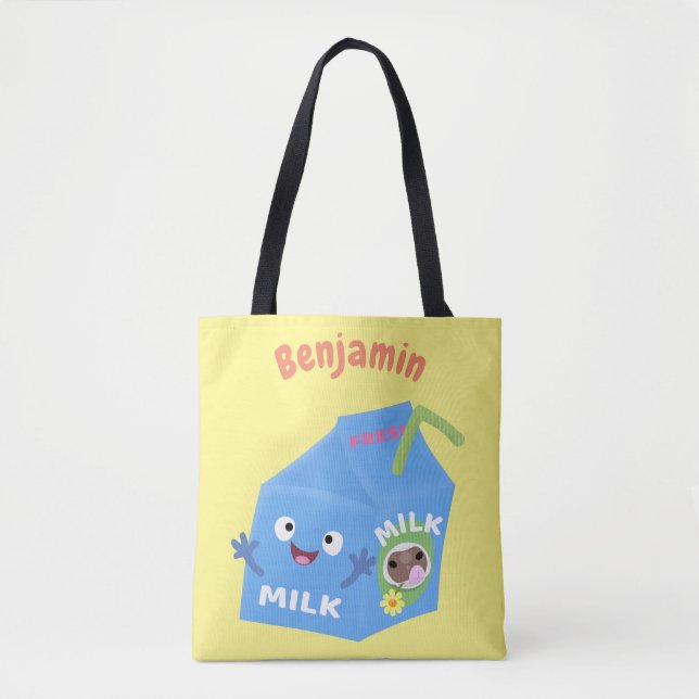 Cute happy milk carton character cartoon tote bag (Front)