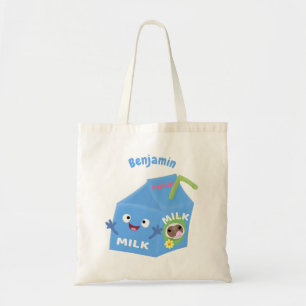 Cute happy milk carton character cartoon tote bag