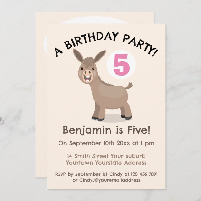 Cute happy mini donkey cartoon birthday invitation (Front/Back)