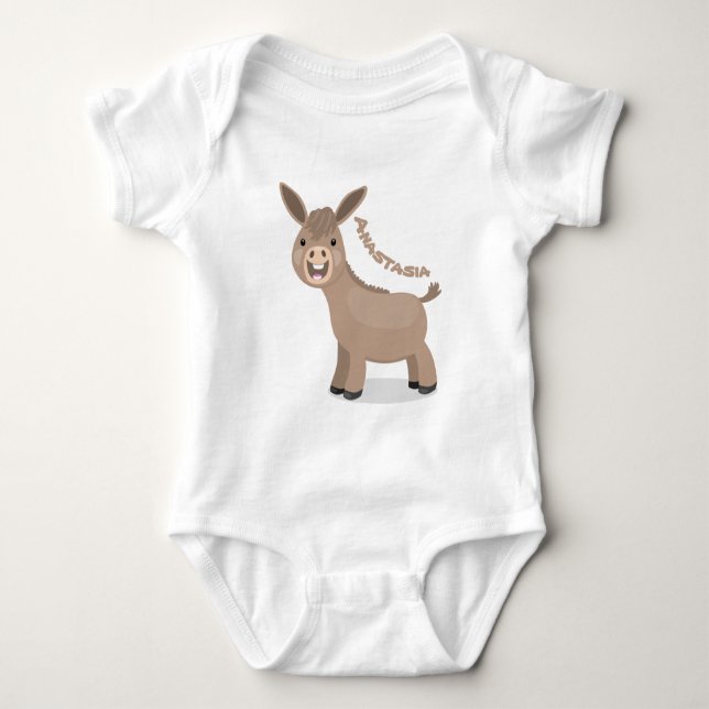 Cute happy miniature donkey cartoon illustration baby bodysuit (Front)