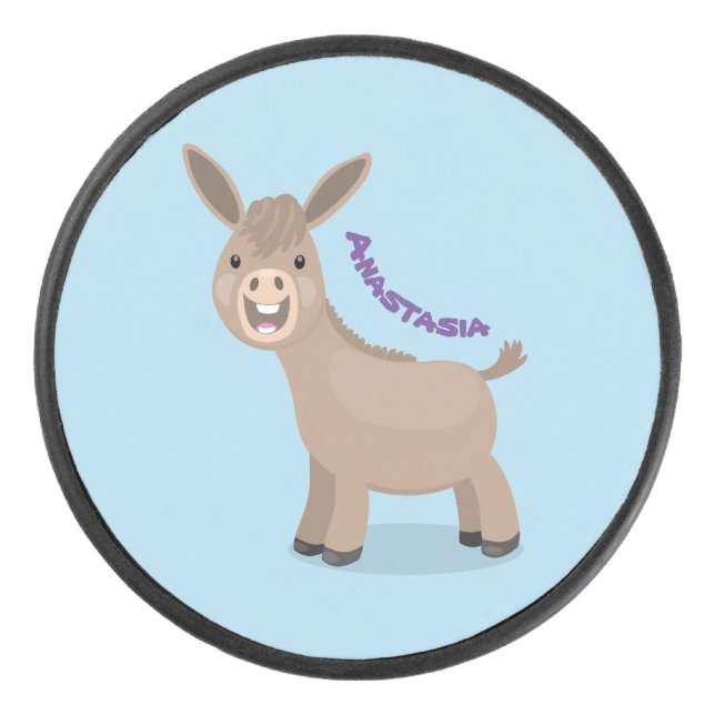 Cute happy miniature donkey cartoon illustration hockey puck (Front)