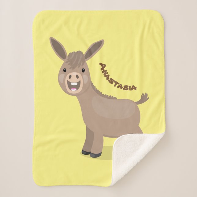 Cute happy miniature donkey cartoon illustration sherpa blanket (Front)