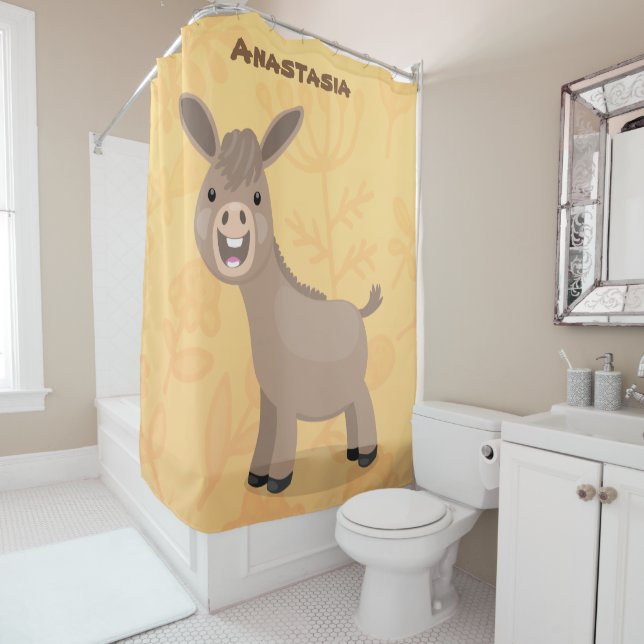 Cute happy miniature donkey cartoon illustration shower curtain (In Situ)
