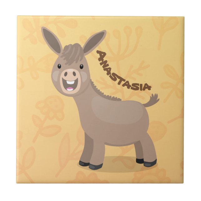 Cute happy miniature donkey cartoon illustration tile (Front)