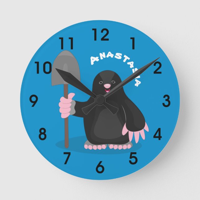 Cute happy mole cartoon illustration round clock (Front)