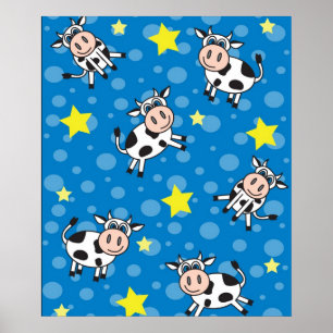 Cute Happy Mr. Cow Print - Blue