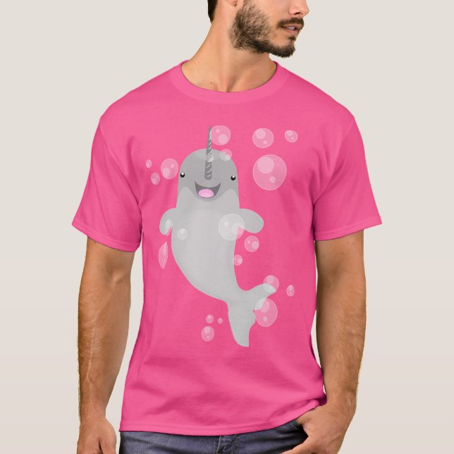 Cute Happy Narwal Bubbles Cartoon Illustration T-Shirt (Front)