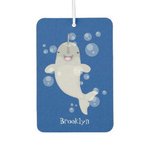 Cute happy narwhal bubbles cartoon illustration car air freshener