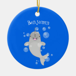 Cute happy narwhal bubbles cartoon illustration ceramic tree decoration
