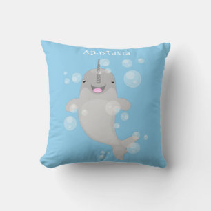 Cute happy narwhal bubbles cartoon illustration cushion