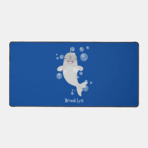 Cute happy narwhal bubbles cartoon illustration desk mat