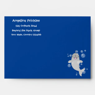 Cute happy narwhal bubbles cartoon illustration envelope