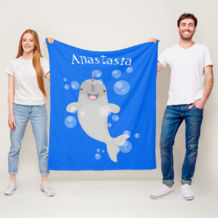 Cute happy narwhal bubbles cartoon illustration fleece blanket