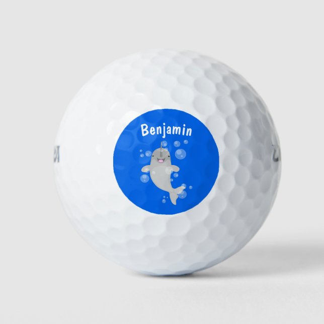 Cute happy narwhal bubbles cartoon illustration golf balls (Front)