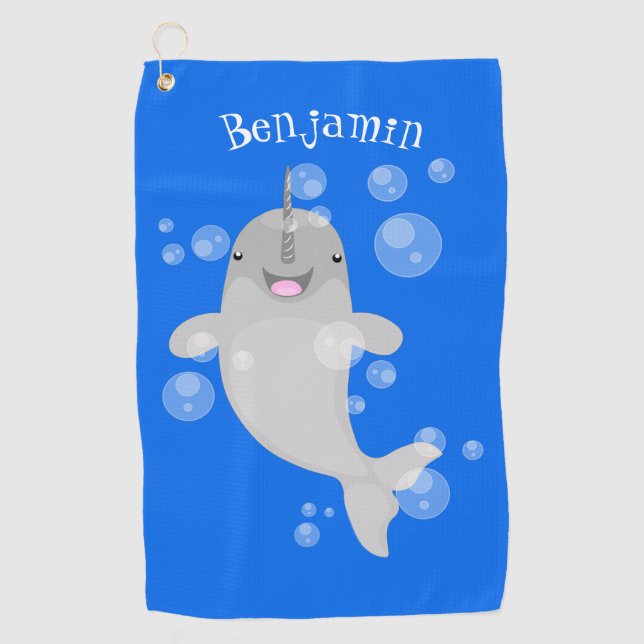 Cute happy narwhal bubbles cartoon illustration golf towel (Front)