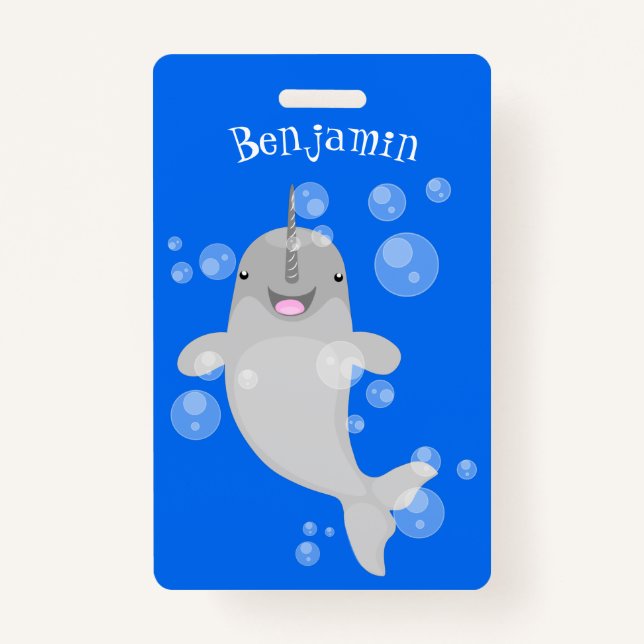 Cute happy narwhal bubbles cartoon illustration ID badge (Front)
