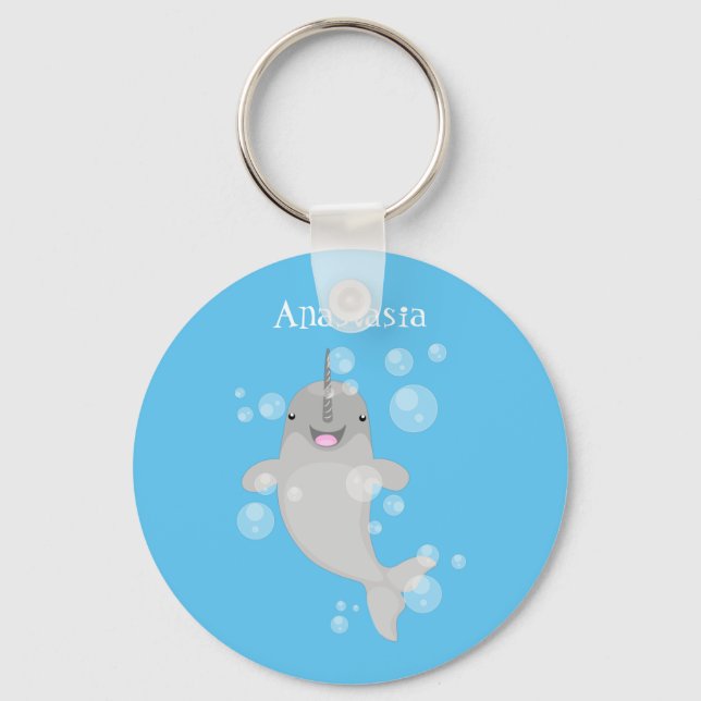 Cute happy narwhal bubbles cartoon illustration key ring (Front)