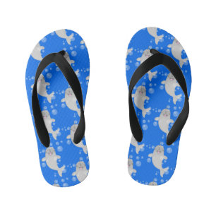 Cute happy narwhal bubbles cartoon illustration kid's jandals