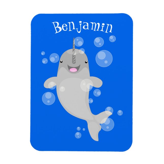 Cute happy narwhal bubbles cartoon illustration magnet (Vertical)