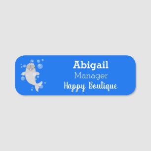 Cute happy narwhal bubbles cartoon illustration name tag