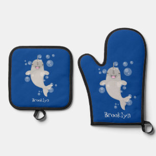 Cute happy narwhal bubbles cartoon illustration oven mitt & pot holder set