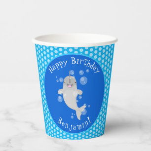 Cute happy narwhal bubbles cartoon illustration paper cups