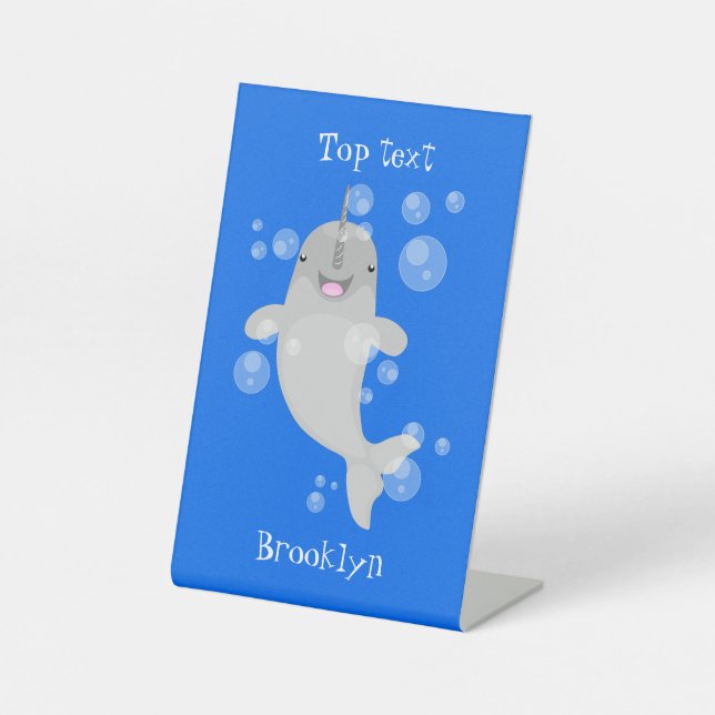 Cute happy narwhal bubbles cartoon illustration pedestal sign (Front)