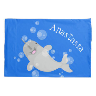 Cute happy narwhal bubbles cartoon illustration pillowcase