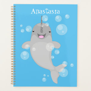 Cute happy narwhal bubbles cartoon illustration planner