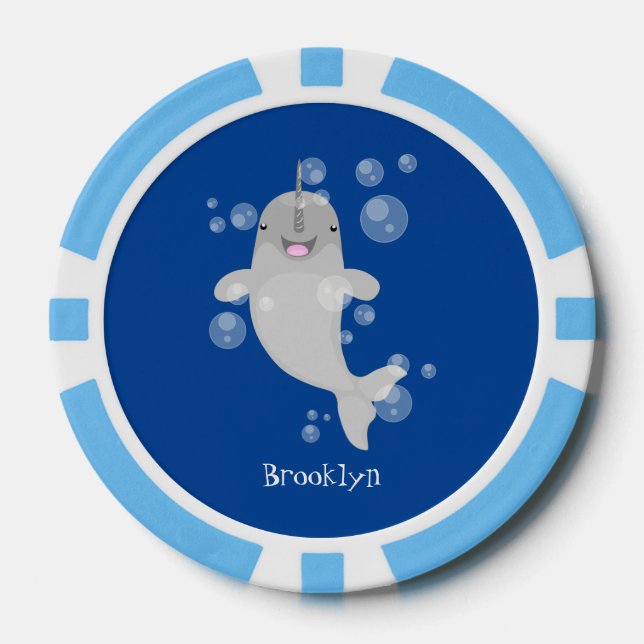 Cute happy narwhal bubbles cartoon illustration poker chips (Front)