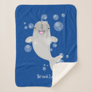 Cute happy narwhal bubbles cartoon illustration  sherpa blanket
