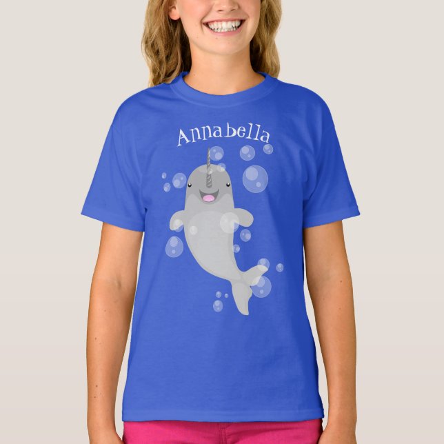 Cute happy narwhal bubbles cartoon illustration T-Shirt (Front)