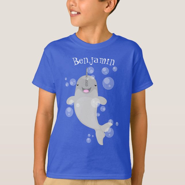 Cute happy narwhal bubbles cartoon illustration T-Shirt (Front)