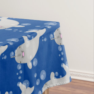 Cute happy narwhal bubbles cartoon illustration tablecloth
