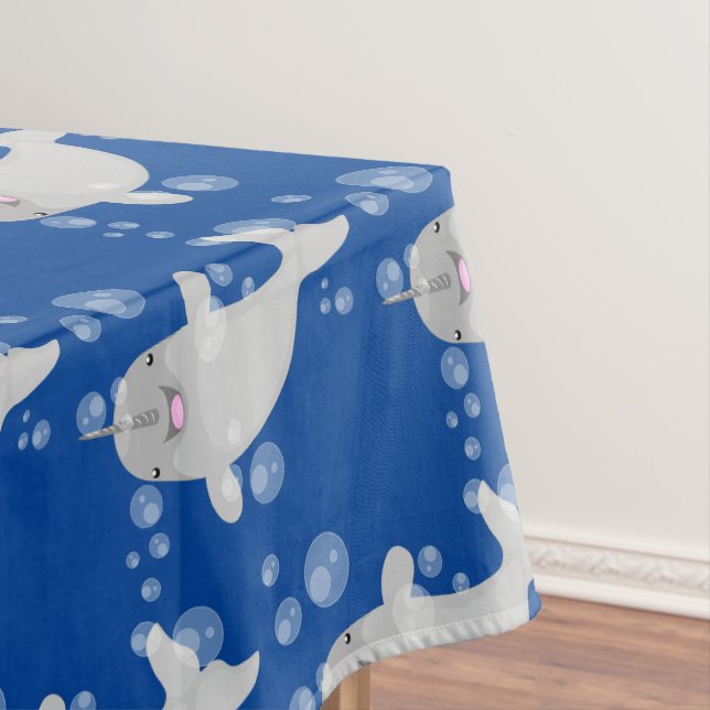 Cute happy narwhal bubbles cartoon illustration tablecloth (In Situ)