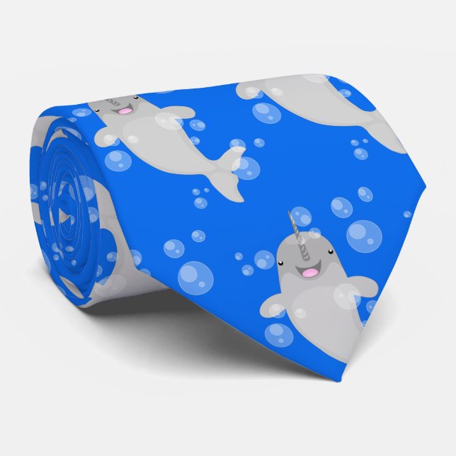 Cute happy narwhal bubbles cartoon illustration tie (Rolled)