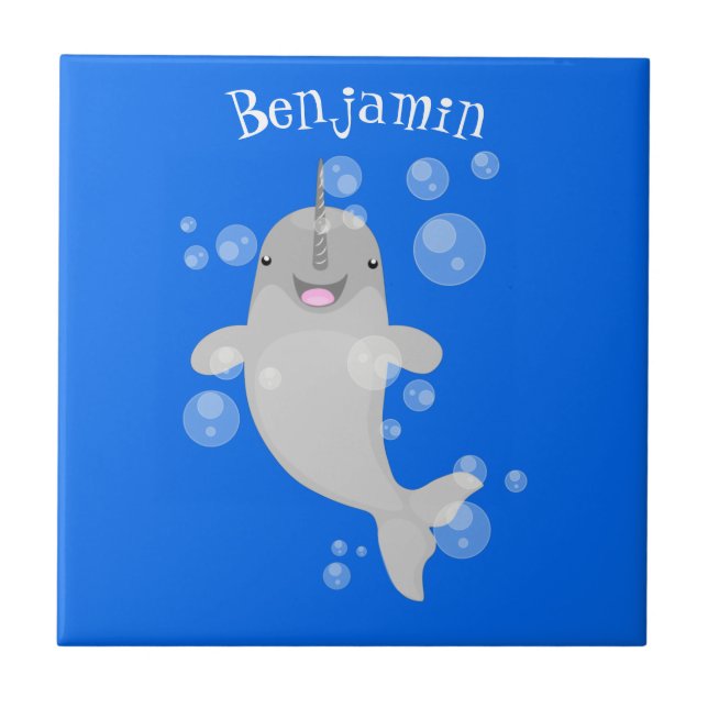 Cute happy narwhal bubbles cartoon illustration tile (Front)